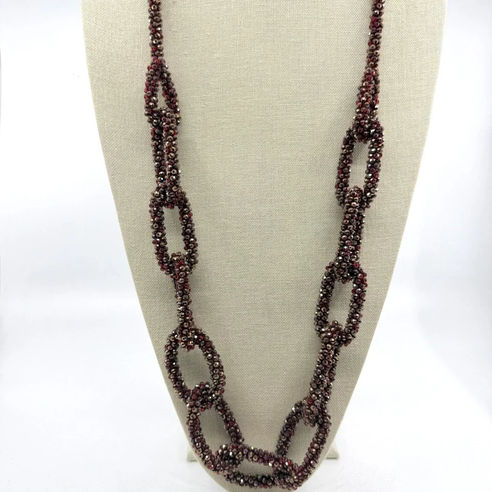Red Bronze Tone Faceted Bead Woven Chain Link Long Necklace Statement Jewelry